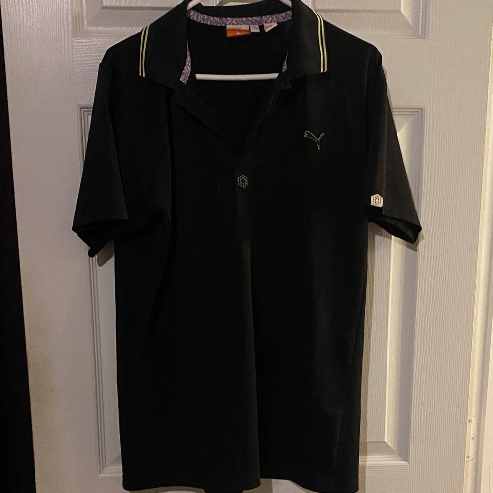 Puma Men's Black Polo Shirt with Yellow Accents